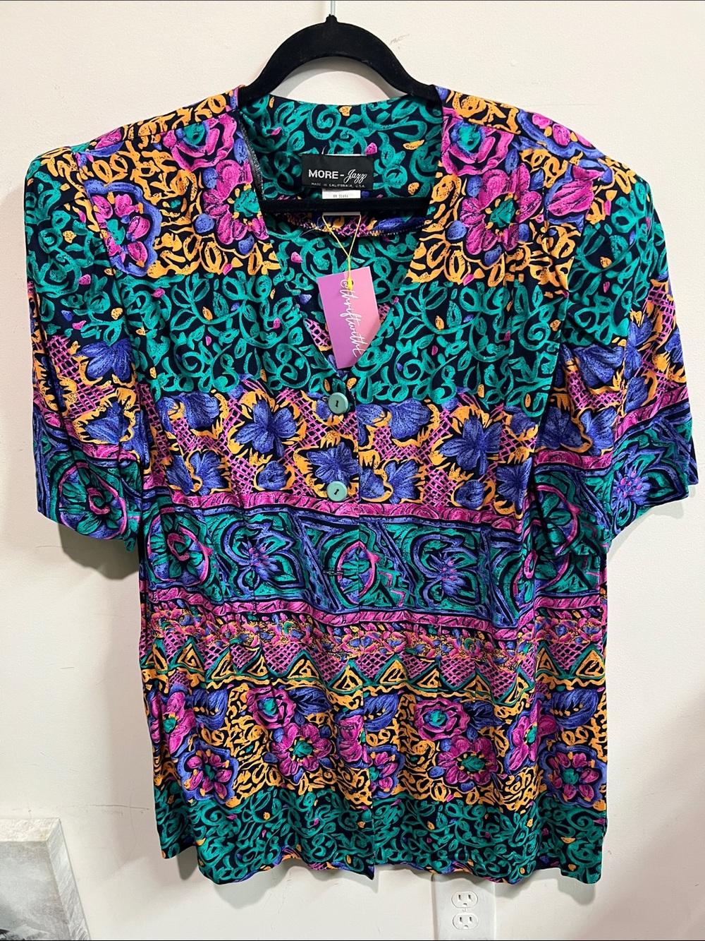 Vintage MORE-Jazz Vibrant Teal & Purple Floral Top
